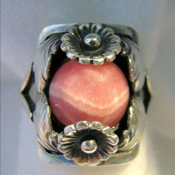 Vintage DANISH N.E. Pink rhodochrosite floral ring - Picture 2 of 7